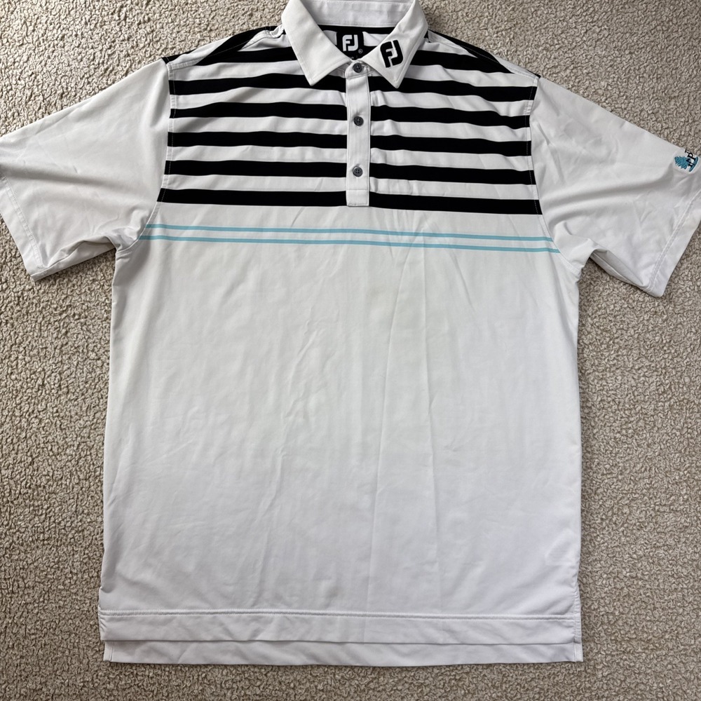Footjoy Performance Golf Polo Shirt Mens XL White Black Striped Stretch Wicking